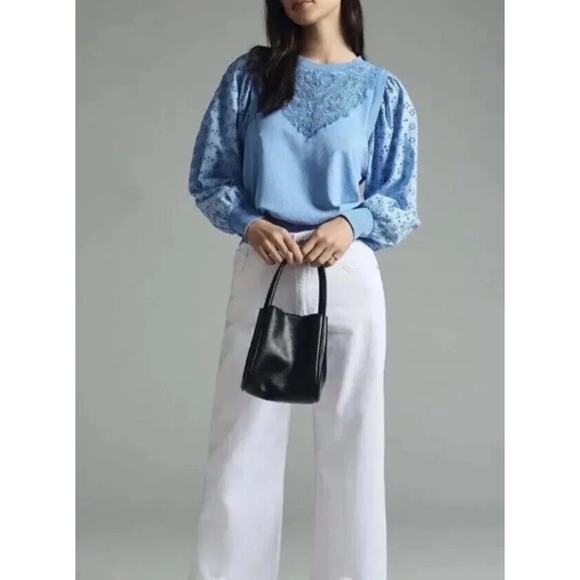 Anthropologie Pilcro Washed eyelet sweatshirt Blue Embroidery XS - Picture 8 of 8